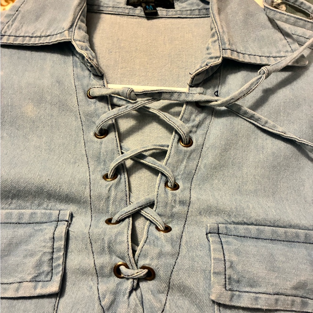 Light Blue Lace-Up Denim Dress (M) Tag Is Not Readable Newly Dry Cleaned - Picture 5 of 6